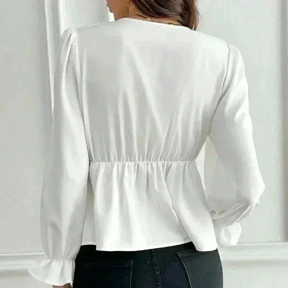 White Casual Women's Solid Color French Style Elegant Loose Fit V-Neck Shirt